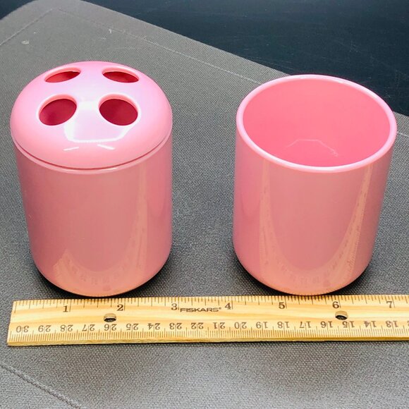 Vintage 80s TEA ROSE Dusty Pink Bathroom Accessory Set: Toothbrush Holder - Cup - Picture 7 of 8